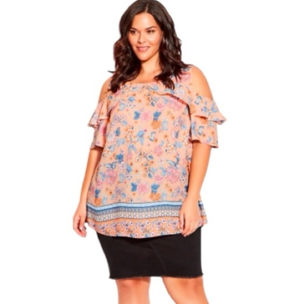 Avenue New Peach Floral Cold Shoulder Summer Tunic